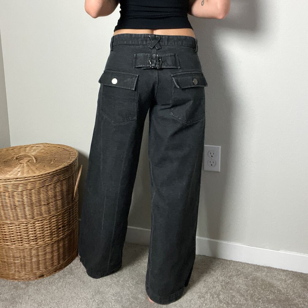 k&r london slouch dark gray low rise wide leg buckle back jeans pants